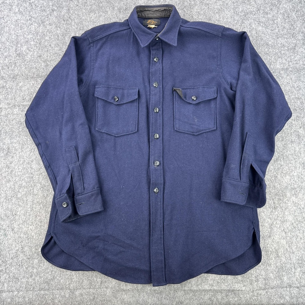 Vintage LL Bean Shirt Mens 50 Blue Wool Heavy Workwear Button Front Long Sleeve - Picture 1 of 12